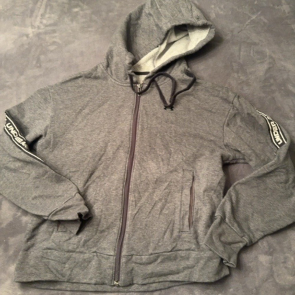 Under Armour Hoodie Kids XS Gray Logo Tape Zip Up Athletic Performance Sweatshir